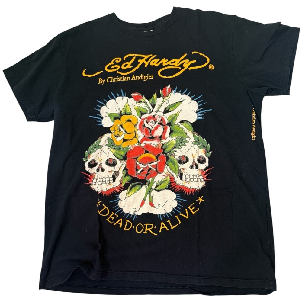 Ed Hardy Y2K Mens XL Black Dead or Alive Skulls Roses Graphic T Shirt USA